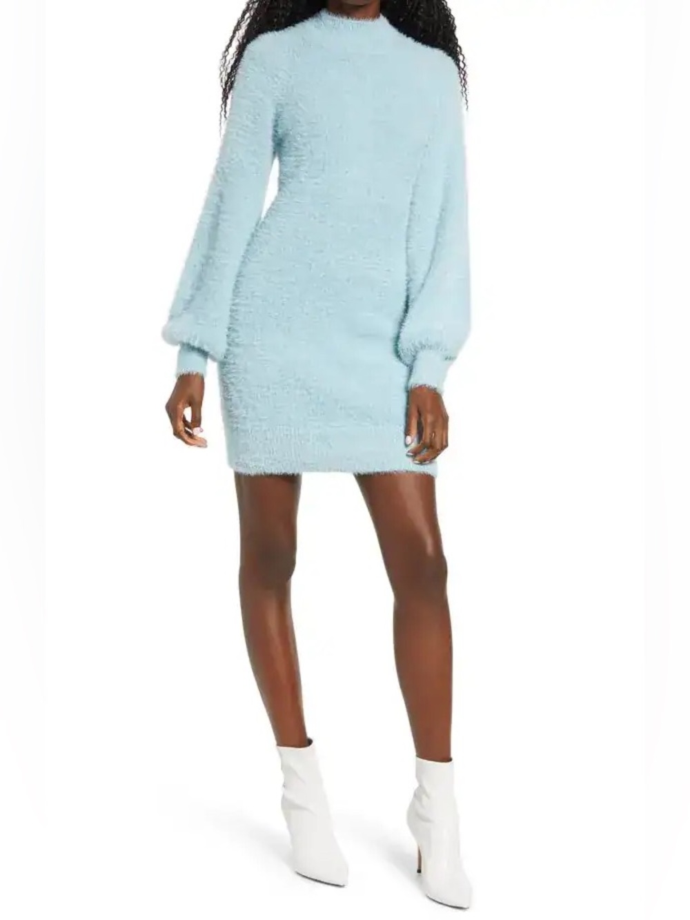 Bardot Baby Blue Fuzzy Faux Fur Balloon Sleeve Mini Sweater Dress